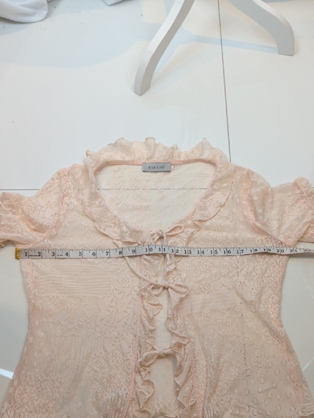 À La Une Pastel Pink Lace Ruffle Tie Front Coquette Cardigan Top Medium - Picture 14 of 15